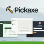 A graphic showcasing the Pickaxe logo along with four user interface screenshots highlighting various application functionalities, enhanced by a circular badge in the top-left corner. Discover the power of our AI Tool and explore the exclusive Pickaxe Lifetime Deal to monetize AI effectively.