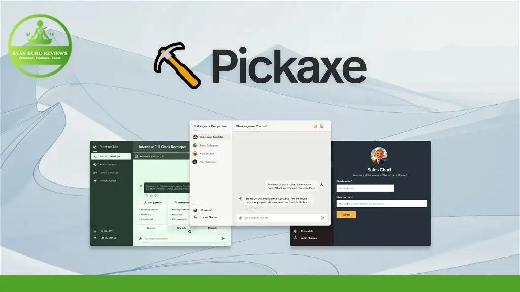 A graphic showcasing the Pickaxe logo along with four user interface screenshots highlighting various application functionalities, enhanced by a circular badge in the top-left corner. Discover the power of our AI Tool and explore the exclusive Pickaxe Lifetime Deal to monetize AI effectively.