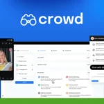 A screenshot of the Crowd website interface highlights features like "Live website feedback," "Chat with AI," and user interactions. Showcasing its role as a User Research Tool, a phone screen captures a woman in a video call, perfect for enhancing LinkedIn Strategy with real-time insights.