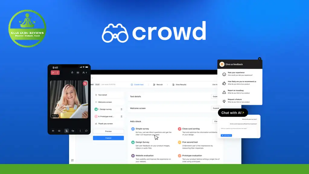 A screenshot of the Crowd website interface highlights features like "Live website feedback," "Chat with AI," and user interactions. Showcasing its role as a User Research Tool, a phone screen captures a woman in a video call, perfect for enhancing LinkedIn Strategy with real-time insights.