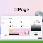 Screenshot of the XPage dashboard displaying account details and various sections. A green "SaaS Guru Reviews" badge is in the upper left corner. The background features a pastel gradient with abstract shapes, showcasing XPage's capabilities in Ai Ecommerce and Landing Page Creation.