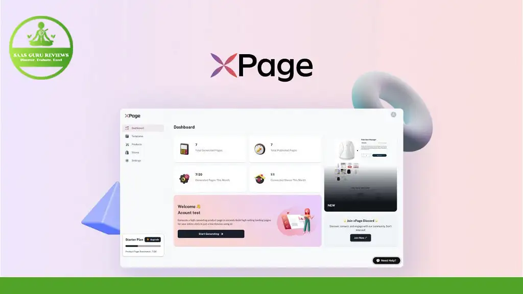 Screenshot of the XPage dashboard displaying account details and various sections. A green "SaaS Guru Reviews" badge is in the upper left corner. The background features a pastel gradient with abstract shapes, showcasing XPage's capabilities in Ai Ecommerce and Landing Page Creation.