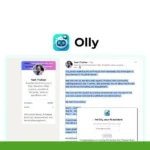Screenshot of an online post by a user named Yash Thakkar discussing their achievement in product management, with various social media icons in the background. The Olly AI logo and a green badge are also present, showcasing the integration with their Chrome Extension.