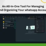 A computer screen displays Lemapp's WhatsApp management tool interface for organizing accounts, highlighted with text promoting its all-in-one functionality to streamline your WhatsApp workflow.