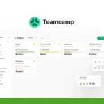 Screenshot of the TeamCamp project management app, featuring a sidebar with navigation options and multiple project cards displaying details and team member avatars. The SaaS Guru Reviews logo is prominently displayed at the top left.