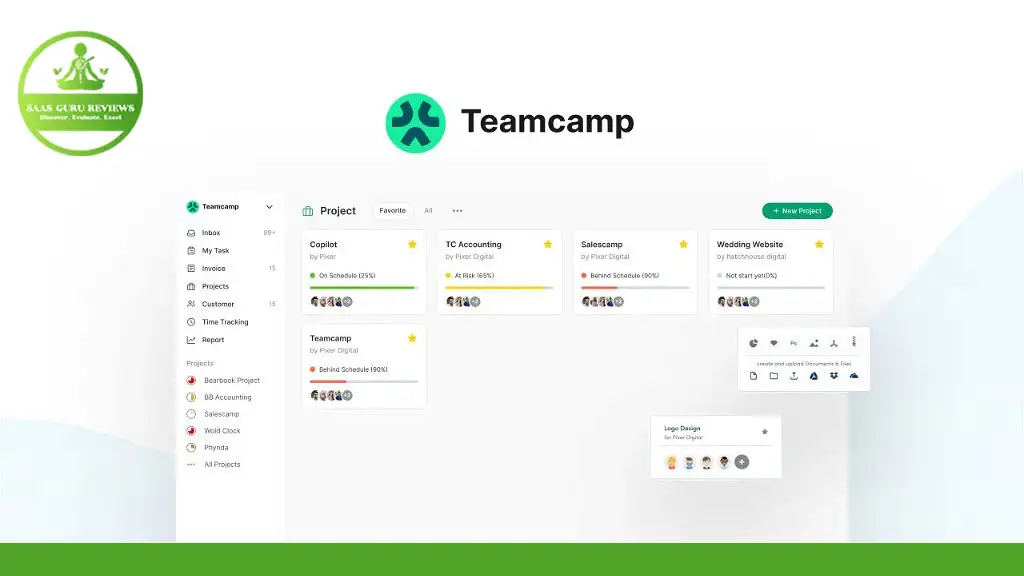 Screenshot of the TeamCamp project management app, featuring a sidebar with navigation options and multiple project cards displaying details and team member avatars. The SaaS Guru Reviews logo is prominently displayed at the top left.