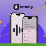 Two smartphones displaying the Letterly AI app interface on a purple background with decorative elements. The Letterly logo is centered above the devices. The foreground boasts a green banner with an additional logo, highlighting its innovative AI writing tool and speech-to-text capabilities.