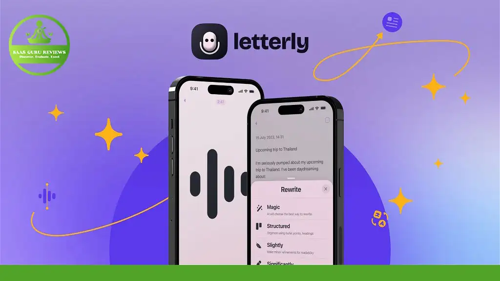 Two smartphones displaying the Letterly AI app interface on a purple background with decorative elements. The Letterly logo is centered above the devices. The foreground boasts a green banner with an additional logo, highlighting its innovative AI writing tool and speech-to-text capabilities.
