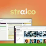 A screenshot showing two computer screens with the website "straico" on an orange background. One screen displays a chat function powered by an AI Writer, while the other showcases various images of stormy seas and portraits generated by an Image Generator.