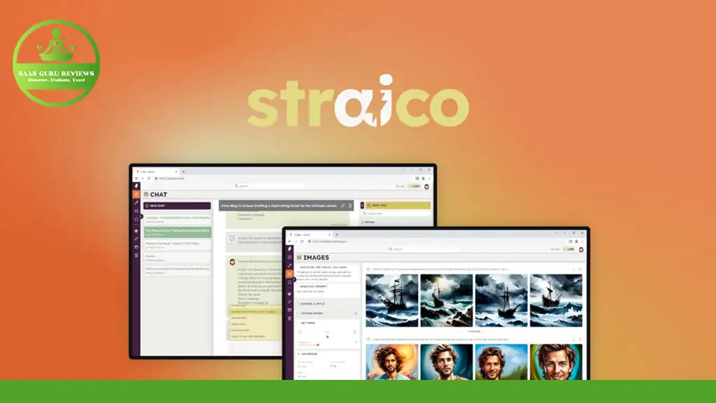 A screenshot showing two computer screens with the website "straico" on an orange background. One screen displays a chat function powered by an AI Writer, while the other showcases various images of stormy seas and portraits generated by an Image Generator.
