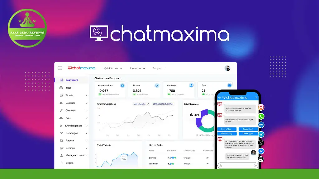 Screenshot of the 2024 ChatMaxima dashboard displayed on a computer monitor and smartphone, showcasing analytics and chat interactions. The background features a colorful gradient and the logo "A. I. A. S. Guru Reviews" is present, revolutionizing conversations in real-time.