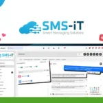 A screenshot of the SMS-iT CRM interface on a laptop screen, showcasing messaging features and user engagement elements like likes and notifications for maximum efficiency. The SAS Club Reviews logo is in the top left corner.