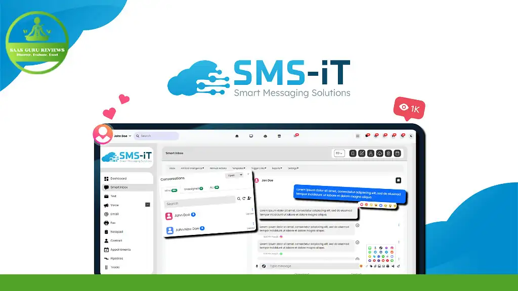 A screenshot of the SMS-iT CRM interface on a laptop screen, showcasing messaging features and user engagement elements like likes and notifications for maximum efficiency. The SAS Club Reviews logo is in the top left corner.