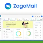 The ZagoMail user interface features various analytics and dashboard widgets alongside a welcome message for Jessica Lutz. The top navigation and sidebar menu offer seamless access to email marketing tools, making automation effortless.