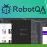 A desktop screen displays various software interfaces, including a search results window, a mobile app in development on real devices, and an app showcasing electronic product listings. The RobotQA logo is prominently featured above.