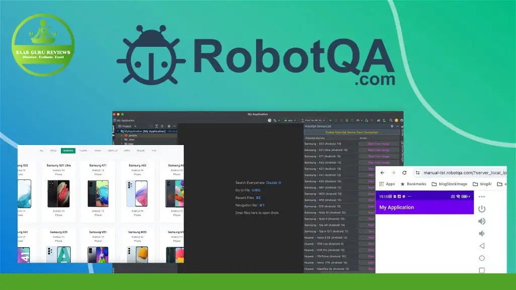 A desktop screen displays various software interfaces, including a search results window, a mobile app in development on real devices, and an app showcasing electronic product listings. The RobotQA logo is prominently featured above.