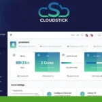 Screenshot of the Cloudstick control panel displaying system information including uptime, CPU usage, system memory, and disk space. Options for account settings, cloud server management, and VPN are visible in the sidebar.