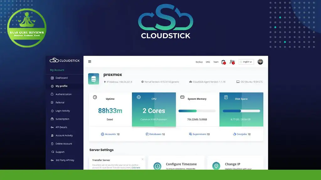 Screenshot of the Cloudstick control panel displaying system information including uptime, CPU usage, system memory, and disk space. Options for account settings, cloud server management, and VPN are visible in the sidebar.