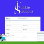 Screenshot of "Sillable Solutions" student admission form interface on a blue background, featuring AI-powered and customizable fields for student details such as name, birth date, gender, blood group, and address. The form can be easily exported as a PDF.