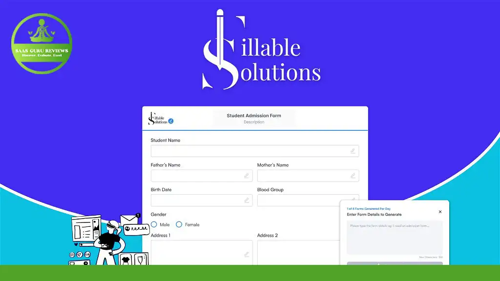 Screenshot of "Sillable Solutions" student admission form interface on a blue background, featuring AI-powered and customizable fields for student details such as name, birth date, gender, blood group, and address. The form can be easily exported as a PDF.
