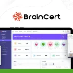 Description: Computer screen showing the BrainCert eLearning platform dashboard and interface with various statistical widgets and charts. It is flanked by smaller insets of a video call and a graph. Green BrainCert logo in the top left corner, perfect for creating & selling courses online.