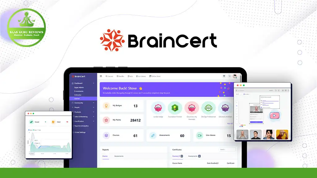 Description: Computer screen showing the BrainCert eLearning platform dashboard and interface with various statistical widgets and charts. It is flanked by smaller insets of a video call and a graph. Green BrainCert logo in the top left corner, perfect for creating & selling courses online.