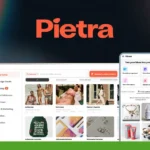 Screenshot of the Pietra website and app, showcasing tools for starting and managing physical product businesses. Features include sourcing, design studio, order fulfillment, sales, marketing, analytics, education, and affordable pricing options.
