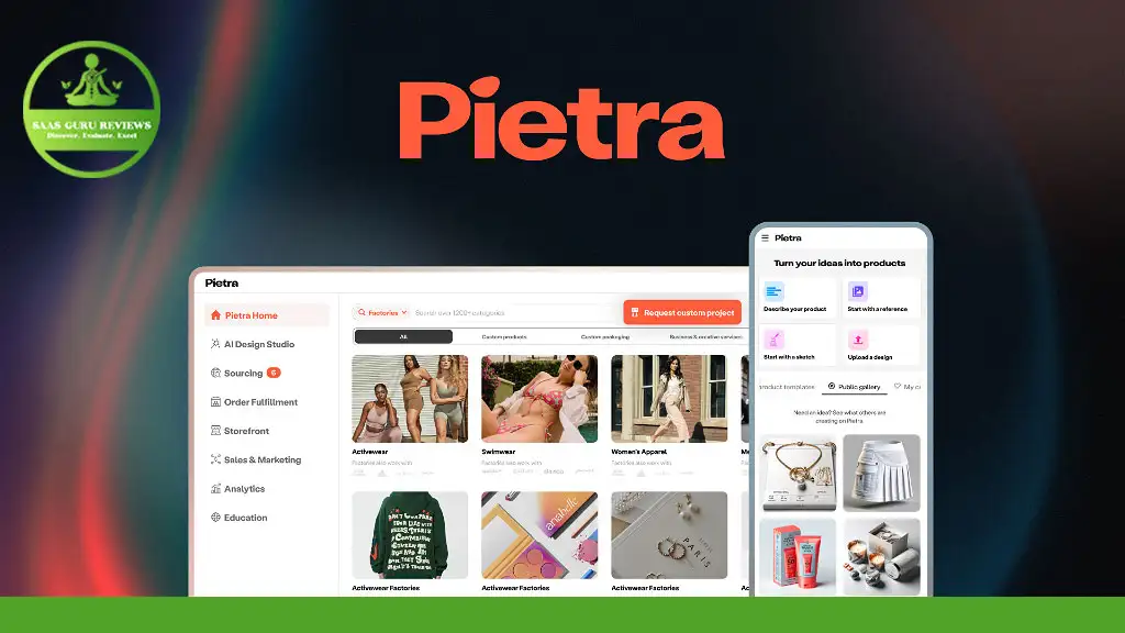 Screenshot of the Pietra website and app, showcasing tools for starting and managing physical product businesses. Features include sourcing, design studio, order fulfillment, sales, marketing, analytics, education, and affordable pricing options.
