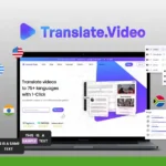 A computer screen displays the Translate.Video website, a comprehensive review platform offering video translations in over 75 languages. Various country flags and text samples are shown around the laptop.