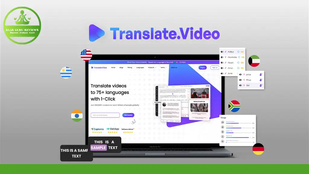 A computer screen displays the Translate.Video website, a comprehensive review platform offering video translations in over 75 languages. Various country flags and text samples are shown around the laptop.
