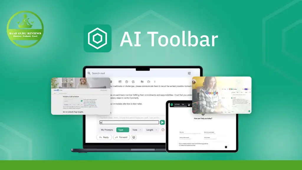 A laptop displaying the "AI Toolbar" interface, accompanied by several floating windows showcasing various features of the Virtual Assistant software.