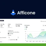 Screenshot of the Afficone 2024 Affiliate Marketing dashboard displaying statistics such as commissions, clicks, orders, conversion rate, performance, and a graph showing clicks and conversions over time. This robust tool is ideal for both SaaS & E-commerce platforms aiming to optimize their affiliate strategies.