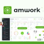 Screenshot of Amwork 2024 software interface displaying user profiles, a sidebar menu, and various data visualizations for reports and analytics, alongside advanced process automation features in the workspace builder.