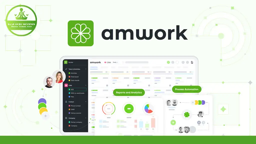 Screenshot of Amwork 2024 software interface displaying user profiles, a sidebar menu, and various data visualizations for reports and analytics, alongside advanced process automation features in the workspace builder.