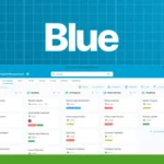 A project management dashboard with tasks categorized under Backlog, In Progress, and Review, shown over a blue grid background and logo in the corner. The word "Big Blue Plus" is displayed at the top center, signaling an exclusive deal for advanced project management.