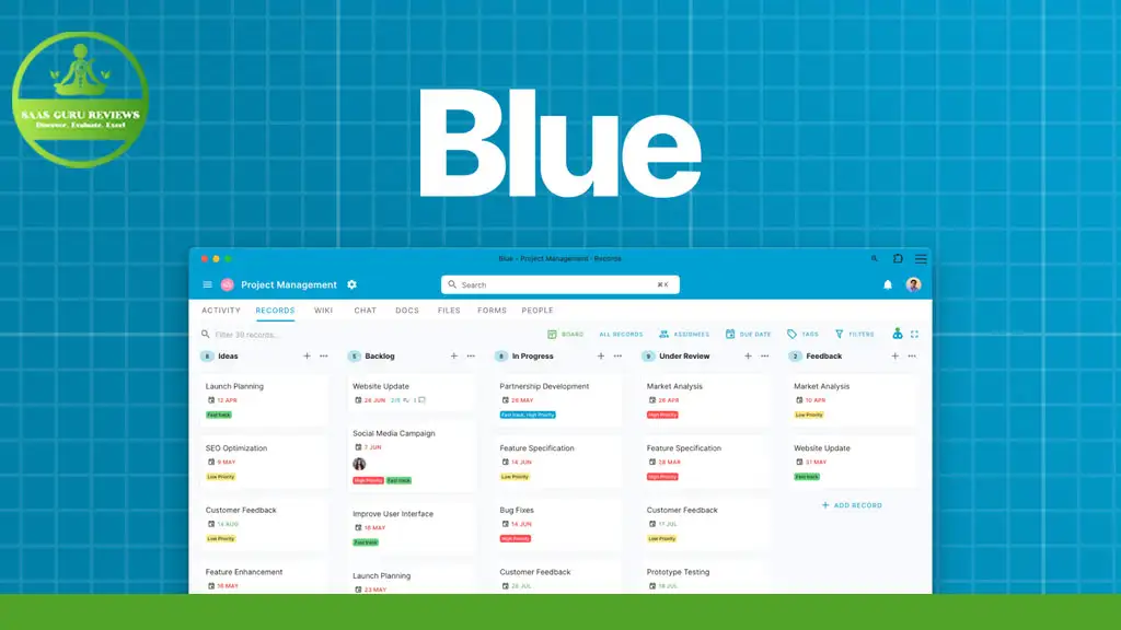 A project management dashboard with tasks categorized under Backlog, In Progress, and Review, shown over a blue grid background and logo in the corner. The word "Big Blue Plus" is displayed at the top center, signaling an exclusive deal for advanced project management.