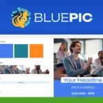 A digital interface from BluePic showcasing a website builder with smart graphic templates and options to select a color theme, replace an image, and crop an image. A preview of a webpage with a headline, subhead, and date is displayed. Effortless sharing features make content management seamless.