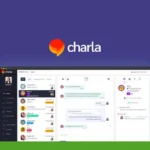 Screenshot of the Charla messaging app interface displaying a live chat conversation, contact list, and message input area. The app's logo is at the top center, and a Ras Guru Reviews badge is on the top left. Perfect for businesses looking for an efficient Shopify app to manage customer interactions.