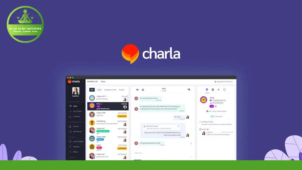 Screenshot of the Charla messaging app interface displaying a live chat conversation, contact list, and message input area. The app's logo is at the top center, and a Ras Guru Reviews badge is on the top left. Perfect for businesses looking for an efficient Shopify app to manage customer interactions.