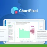 A tablet screen displays a powerful data visualization dashboard from ChartPixel AI, showcasing graphs and informational cards. The background features a green logo with text.