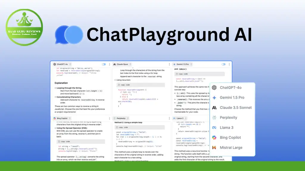Screenshot of ChatPlayground AI interface displaying various AI chatbots and model options on the right, while code explanations are shown on the left. The options include ChatGPT-4o, Gemni 1.5 Pro, Claude 3.5 Sonnet, and more.