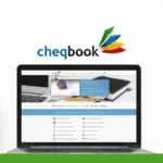 A laptop displaying the Cheqbook Accounting website is centered against a white background. The Cheqbook logo is above the laptop, and a green logo with text is on the left side. Blue and green waves are on the right, emphasizing the innovative 2024 accounting software.