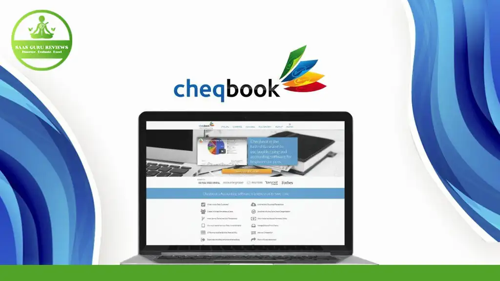 A laptop displaying the Cheqbook Accounting website is centered against a white background. The Cheqbook logo is above the laptop, and a green logo with text is on the left side. Blue and green waves are on the right, emphasizing the innovative 2024 accounting software.