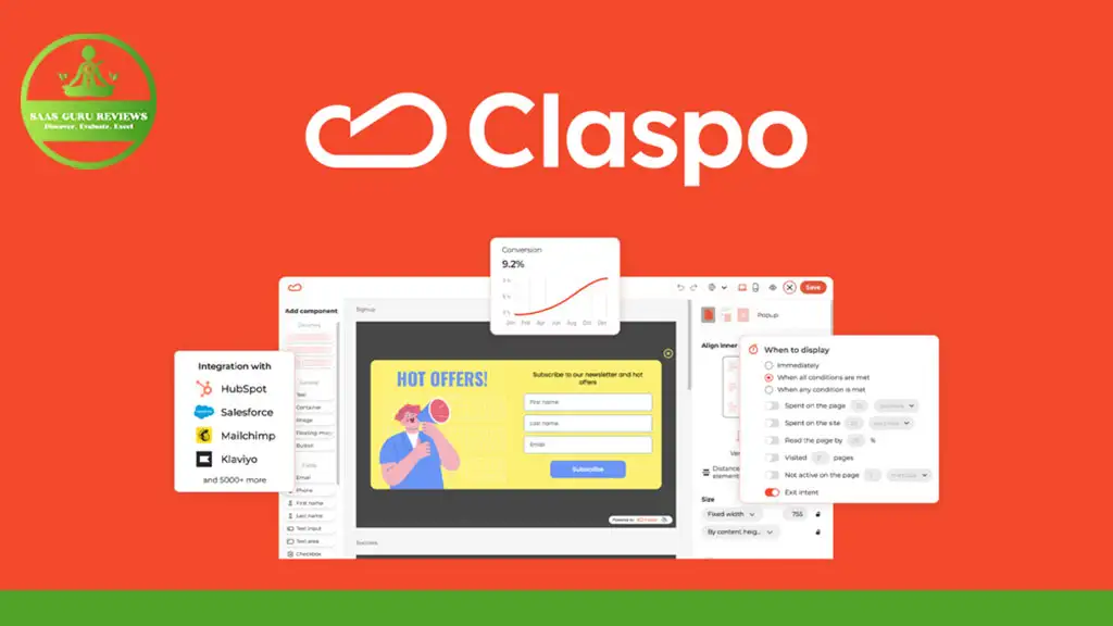 Screenshot of Claspo, a marketing software, interface showing analytics, user settings, and integration options with platforms like HubSpot, Salesforce, and Mailchimp. The no-code pop-up builder with drag-and-drop templates boosts conversions seamlessly.