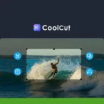A CoolCut interface showing an editing screen with a surfer riding a wave. Icons for cutting, copying, and editing the image within the CoolCut Video Editor are prominently displayed, making it simple to perfect your footage.