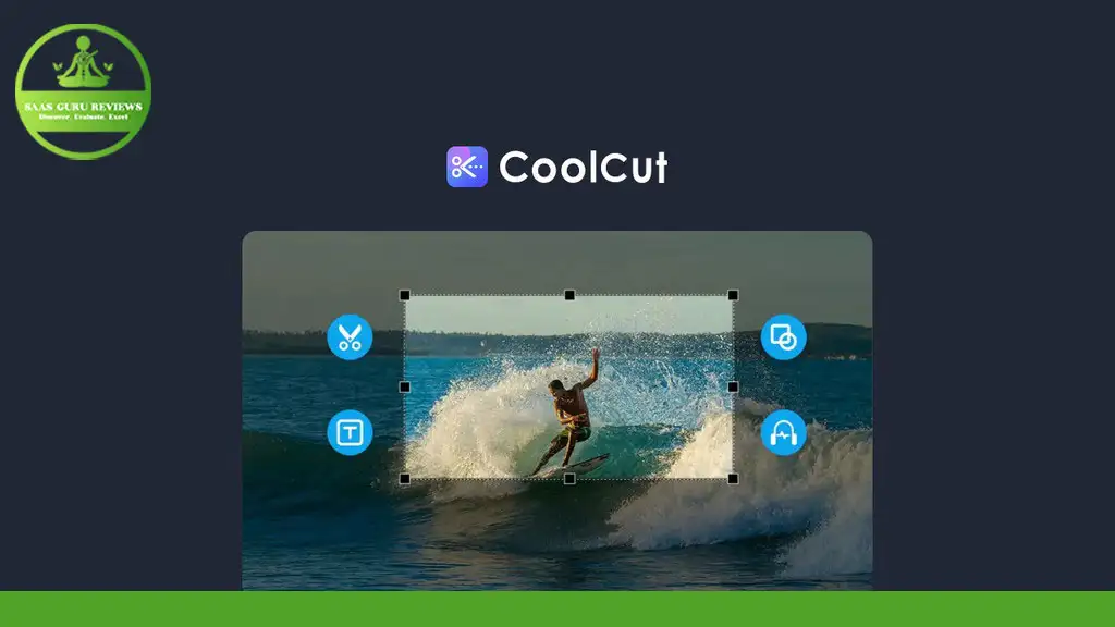 A CoolCut interface showing an editing screen with a surfer riding a wave. Icons for cutting, copying, and editing the image within the CoolCut Video Editor are prominently displayed, making it simple to perfect your footage.