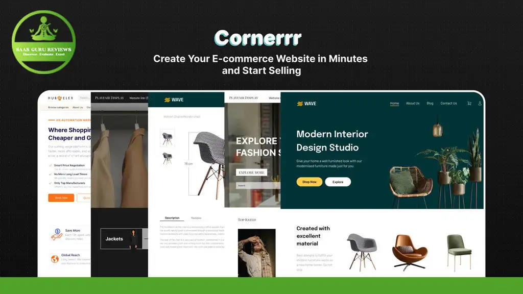 A webpage displaying Cornerrr, an e-commerce website builder, showcasing multiple website templates for various industries like fashion, interior design, and more. The tagline suggests easy and quick website creation with seamless Stripe Integration. Shop with ease on your new online store!