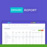 A DMARC report displayed on a computer screen shows various domain statistics and performance indicators against a blue and green backdrop. The text "DMARC Report" is visible at the top, helping you master your domain with comprehensive insights.