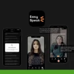 Three smartphones display different screens of the Easy Speak app against a black background. The app logo and text indicating its function are visible above the phones, highlighting it as the AI Powered Video EasySpeak Teleprompter App.