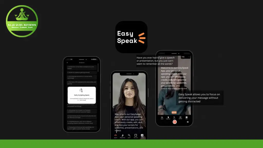 Three smartphones display different screens of the Easy Speak app against a black background. The app logo and text indicating its function are visible above the phones, highlighting it as the AI Powered Video EasySpeak Teleprompter App.
